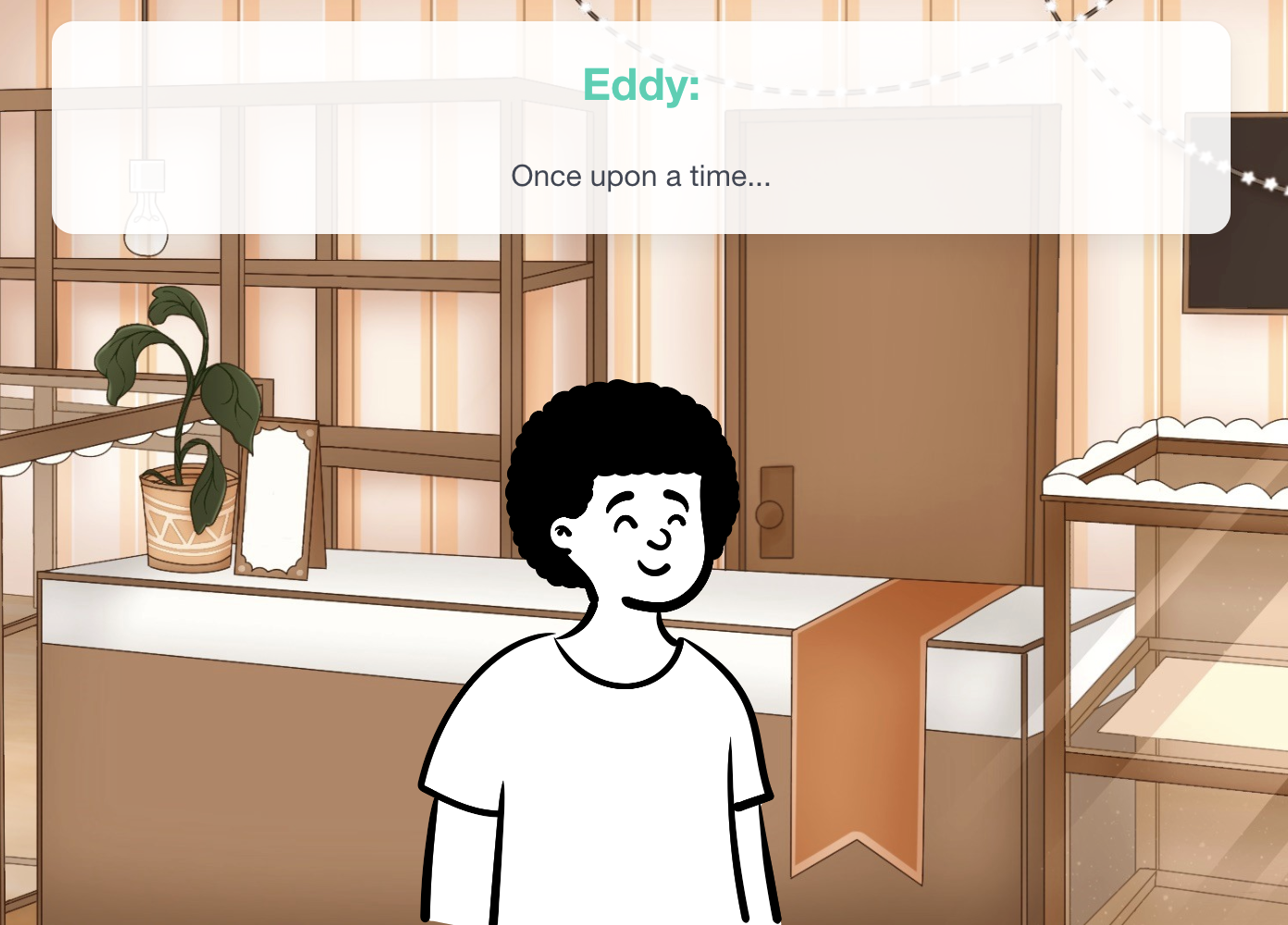Picture of a visual novel play through in progress with a cartoon character saying 'Once upon a time'
